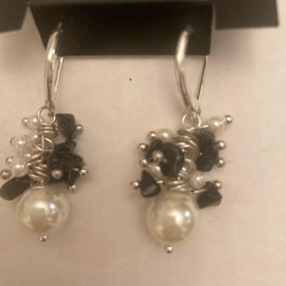 Napier Silver and Black Pearl Drop Earrings